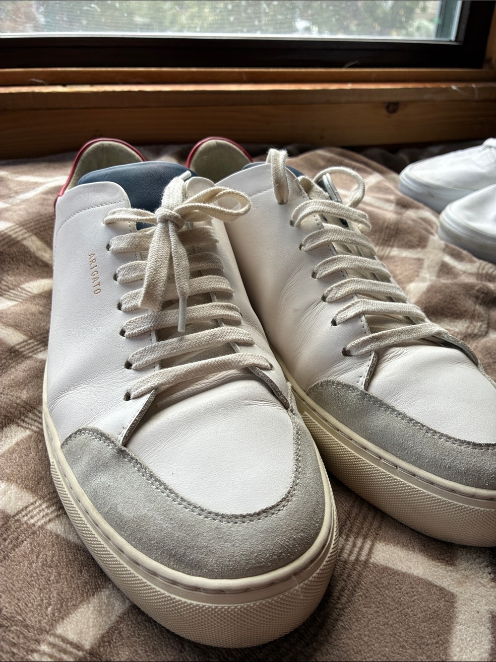 Arigato Men’s White Leather Low-Top Sneakers with Gray Suede Toe